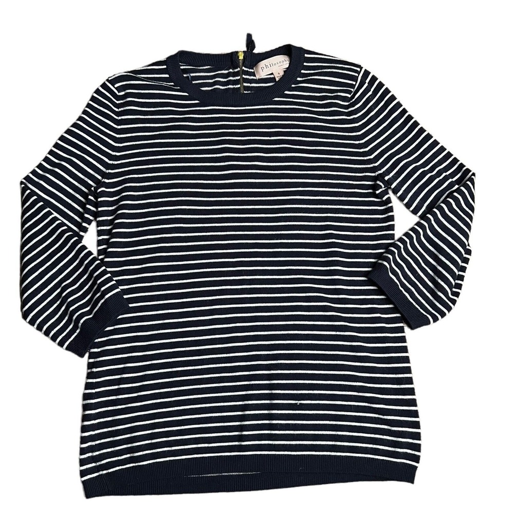 Philosophy Womens Sweater SMALL Navy White Striped Sweater‎ Back Zip 3/4 Sleeve